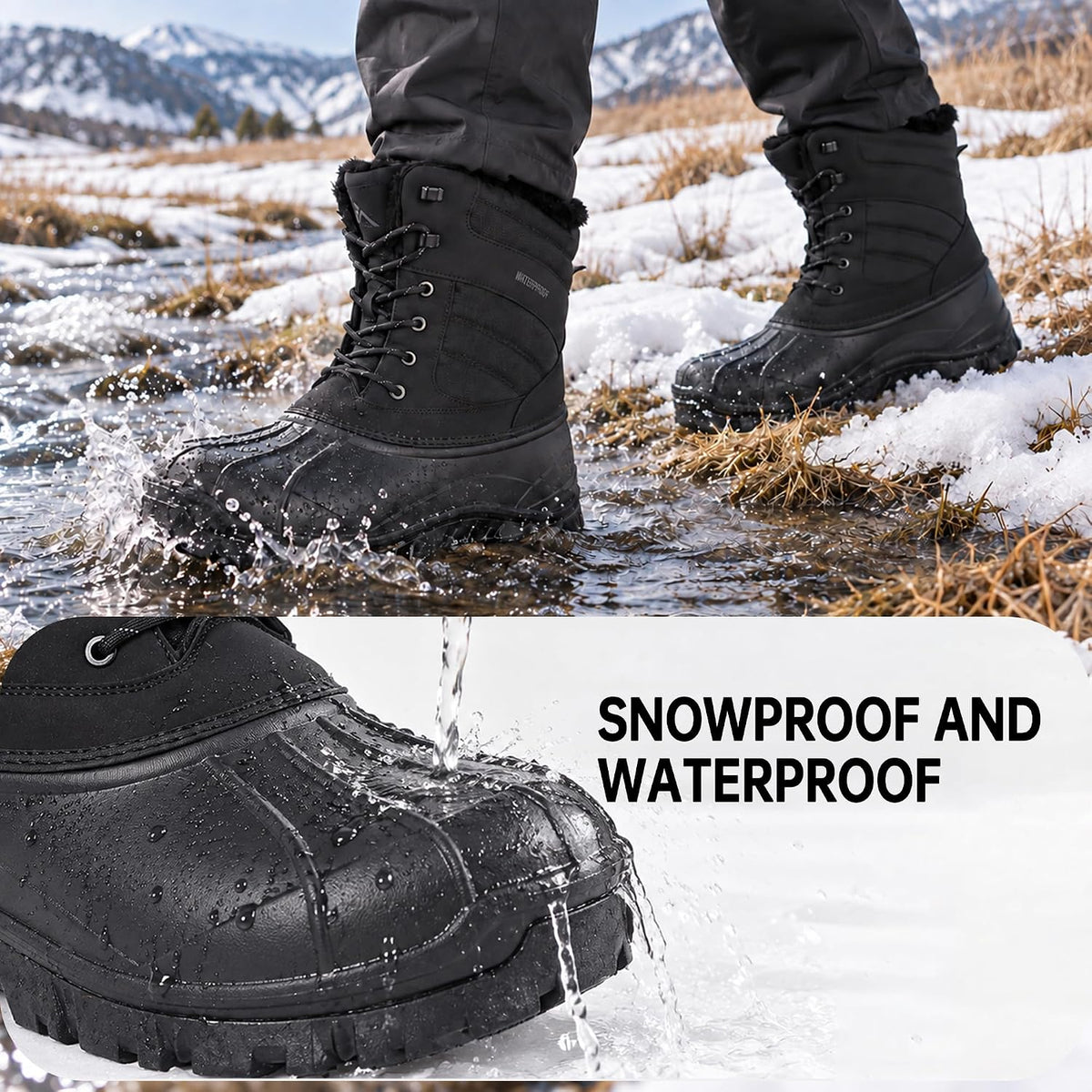 CC-Los Men's Waterproof Mid-Calf Winter Snow Boots with Faux Fur Trim