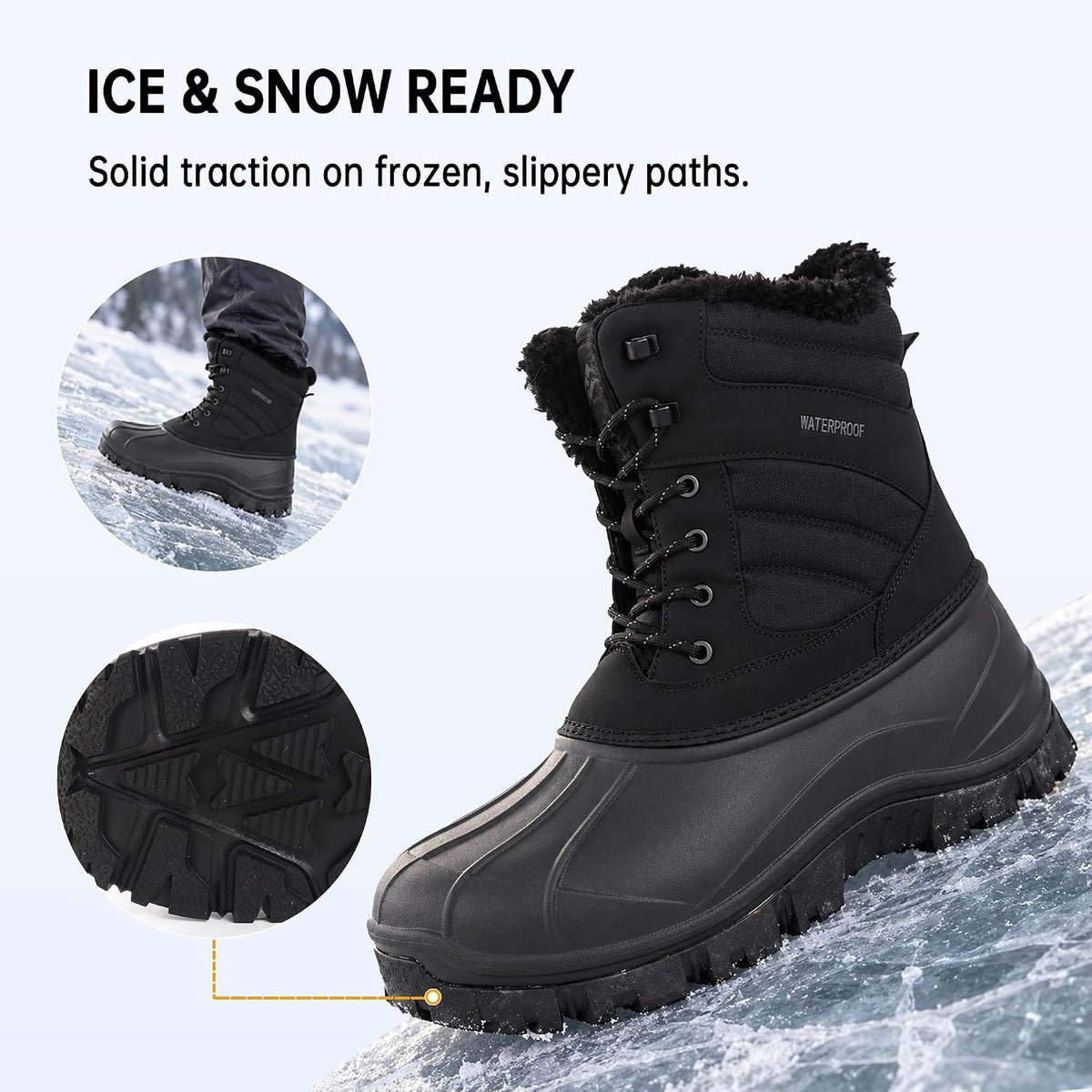 CC-Los Men's Waterproof Mid-Calf Winter Snow Boots with Faux Fur Trim